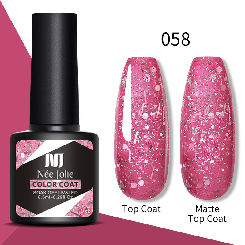 Nail gel color coat 058 in pink with silver glitter; top coat and matte top coat