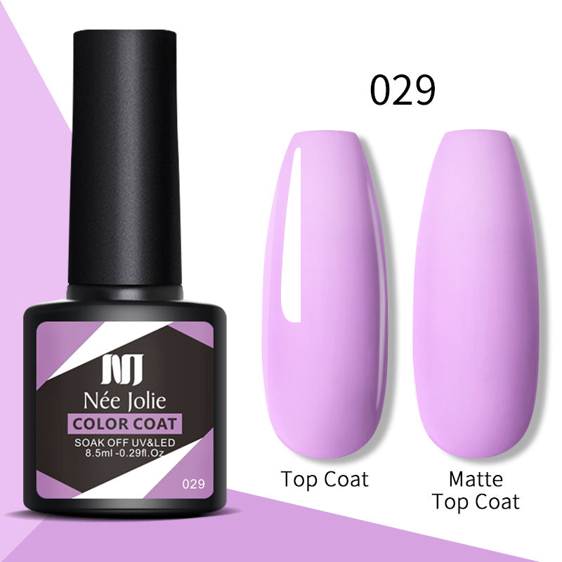 Gel nail color coat 029 with top coat and matte top coat, light purple swatches and bottle