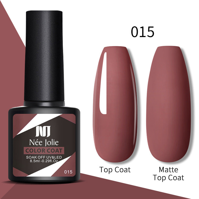 Nail gel color coat set 015: muted rose top coat and matte top coat swatches.