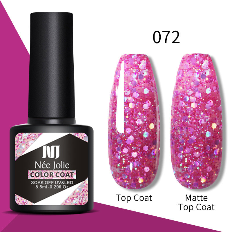 Gel color 072—hot pink glitter top coat and matte top coat nails