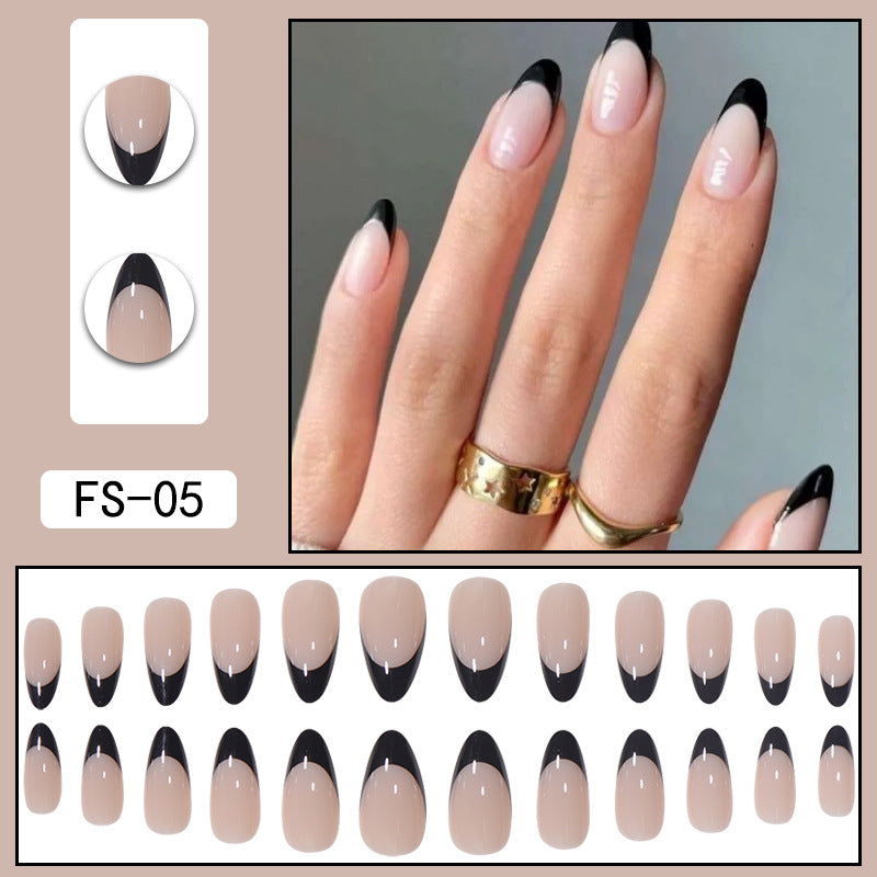 FS-05 nude press-on nails with black French tips, oval shape set