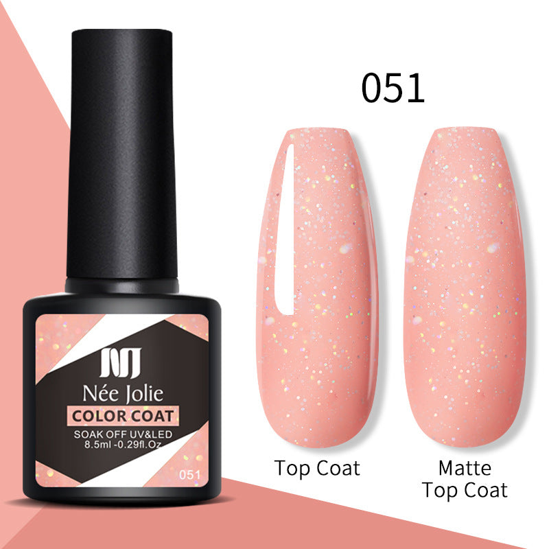 Gel nail polish color coat 051, pale pink glitter; top coat and matte top coat