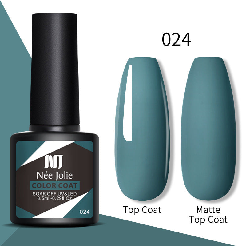 Nail gel color coat 024 teal green with top coat and matte top coat swatches
