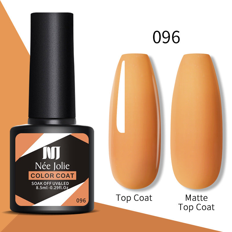 Gel nail polish color 096 (orange) with gloss top coat and matte top coat swatches