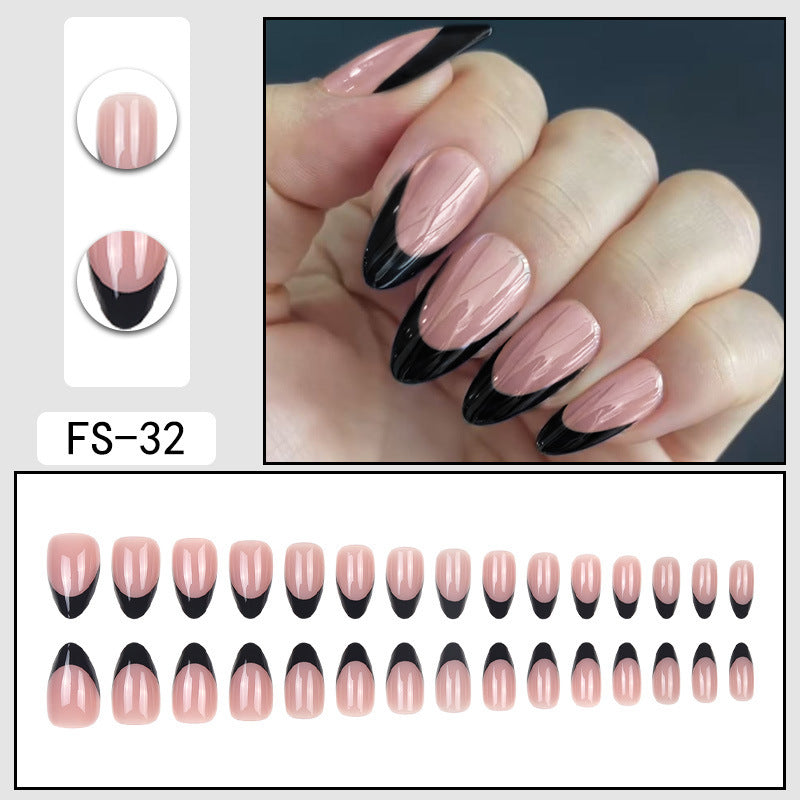 Reusable press-on nails, light pink nude with glossy black half-moon tips (FS-32)
