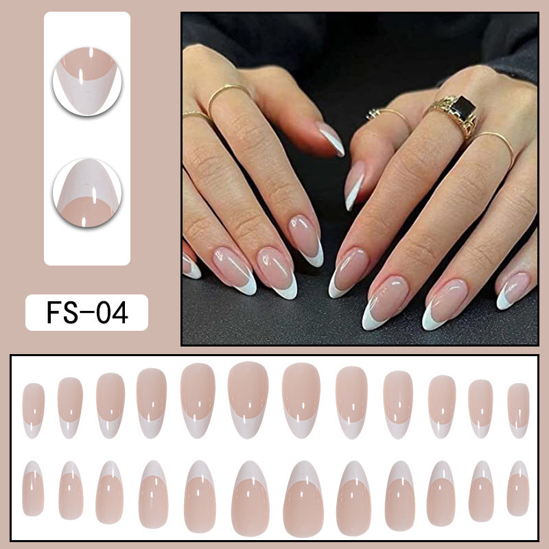 FS-04 sheer nude press-on nails with white French tips, oval shape set