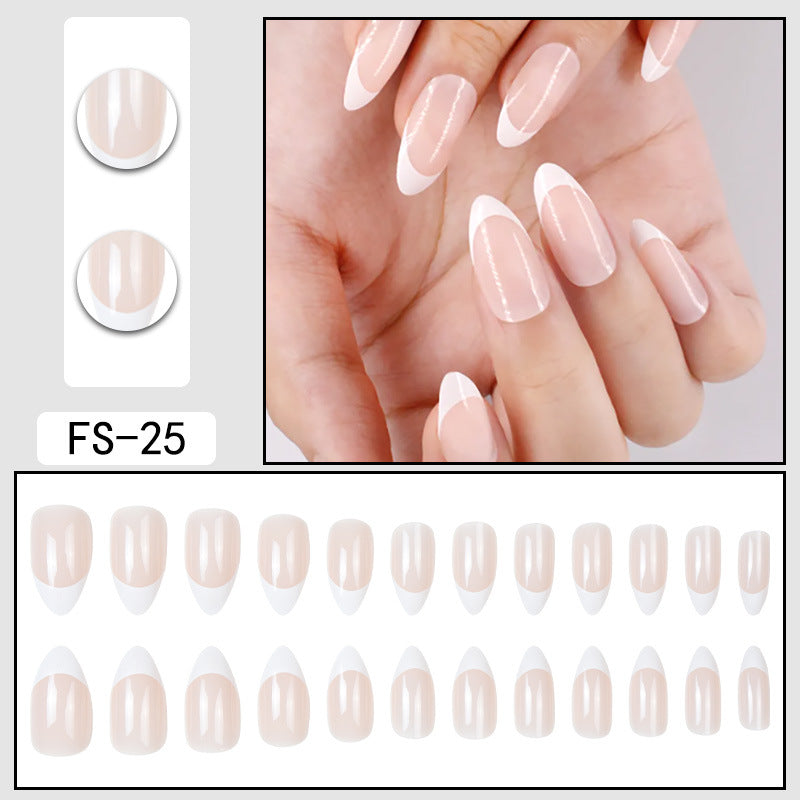 FS-25 sheer nude press-on nails with white tips, short almond shape