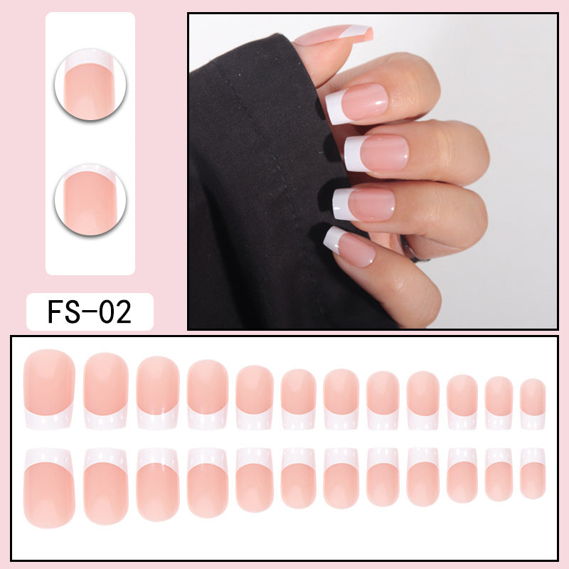 FS-02 nude pink press-on nails with white French tips, oval shape set