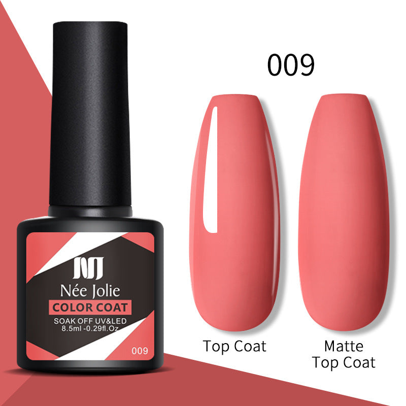 Nail gel color coat set 009: coral red top coat and matte top coat swatches.