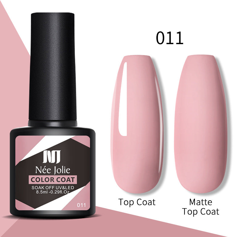 Nail gel color coat set 011: soft rose pink top coat with matte top coat swatches.