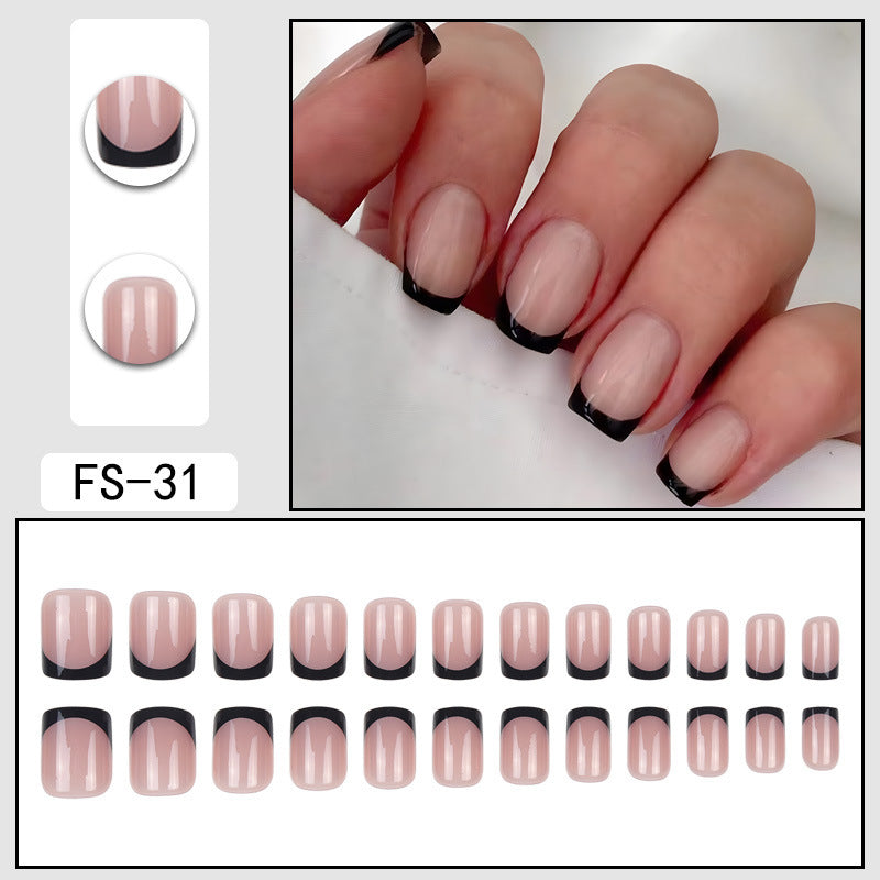 Reusable press-on nails, nude base with glossy black half-moon tips (FS-31)