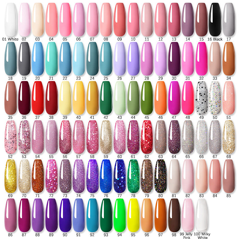 Nail polish color chart with numbered shades and glossy swatches