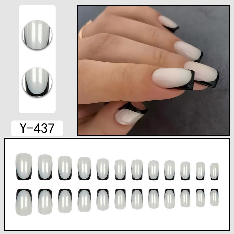 Reusable press-on nails, milky white base with glossy black tips (Y-437)