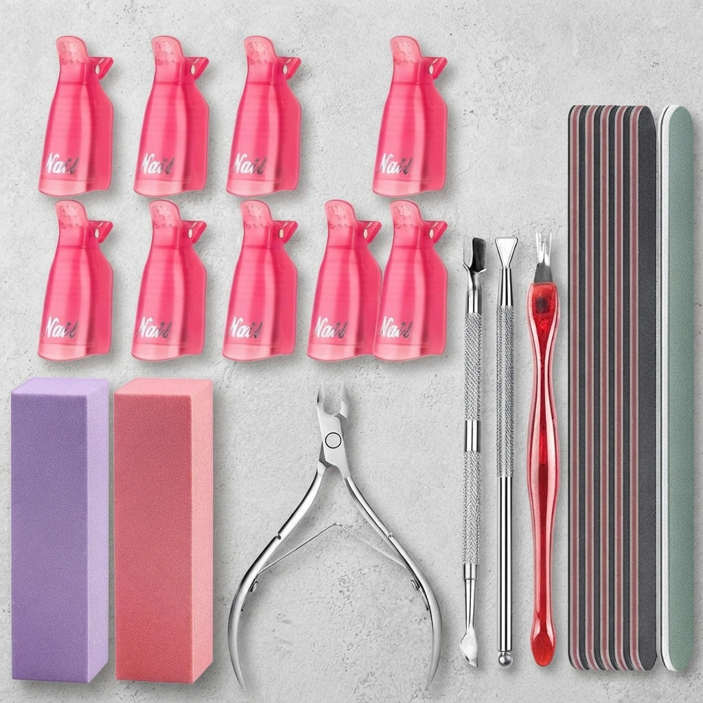 Pink nail polish bottles, nail buffers, and metal nail tools arranged on gray surface