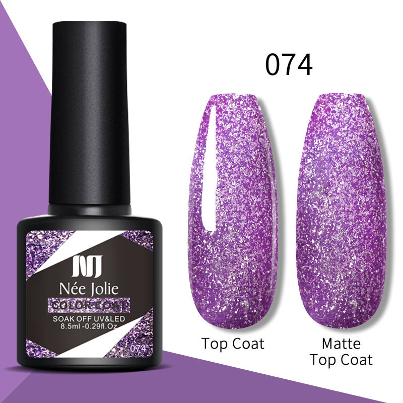 Gel color 074—purple glitter top coat and matte top coat nails