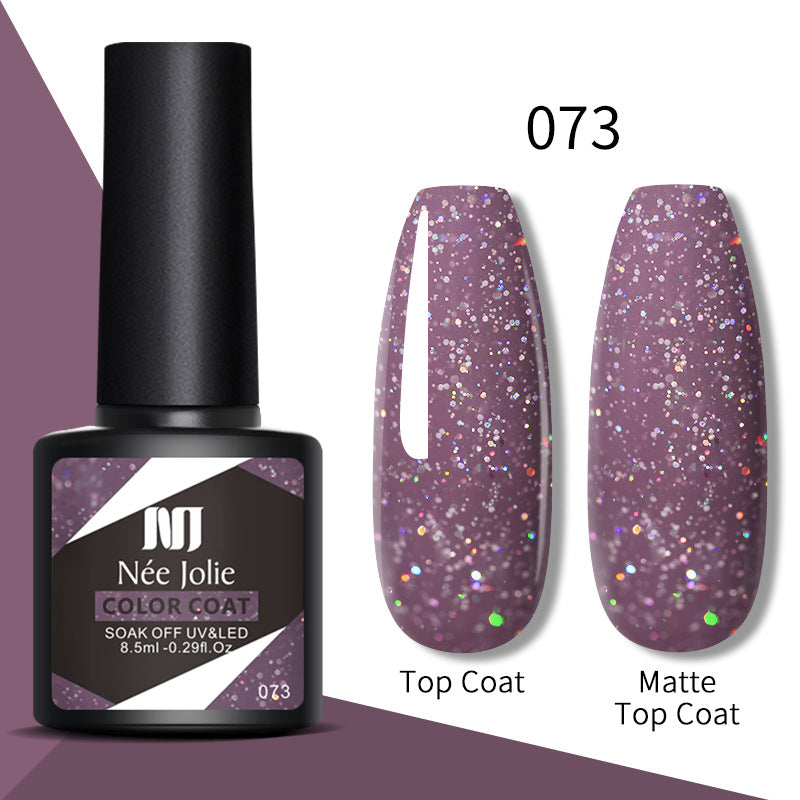 Gel color 073—lavender glitter top coat and matte top coat nails