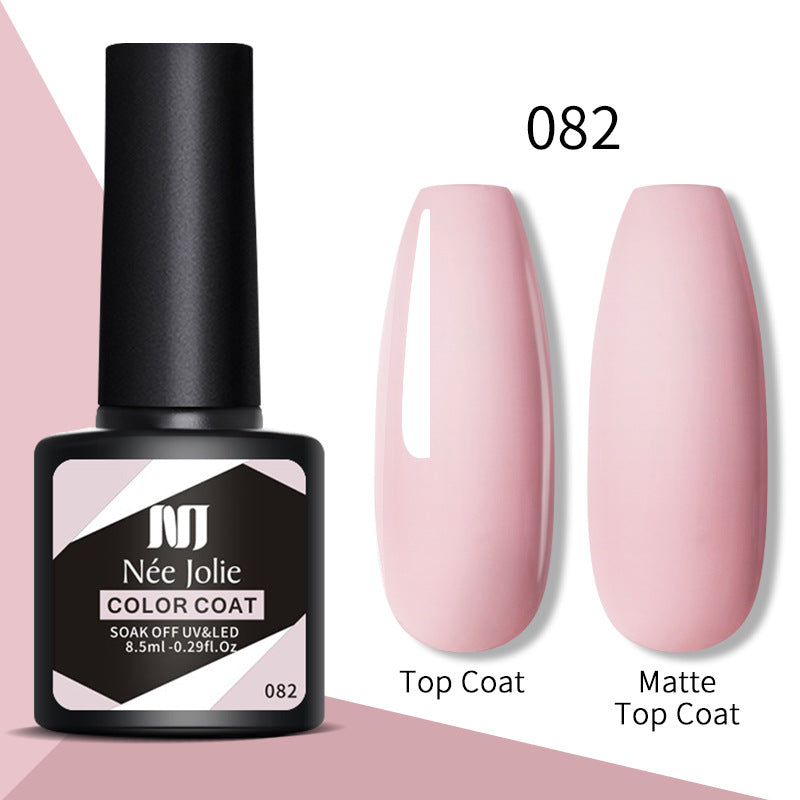 Nail gel color coat 082: soft pink, glossy top coat and matte top coat swatches