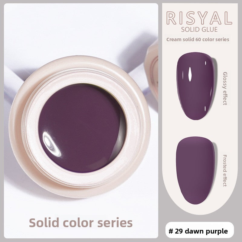 Solid nail polish gel, dawn purple cream color (#29) in jar with swatch