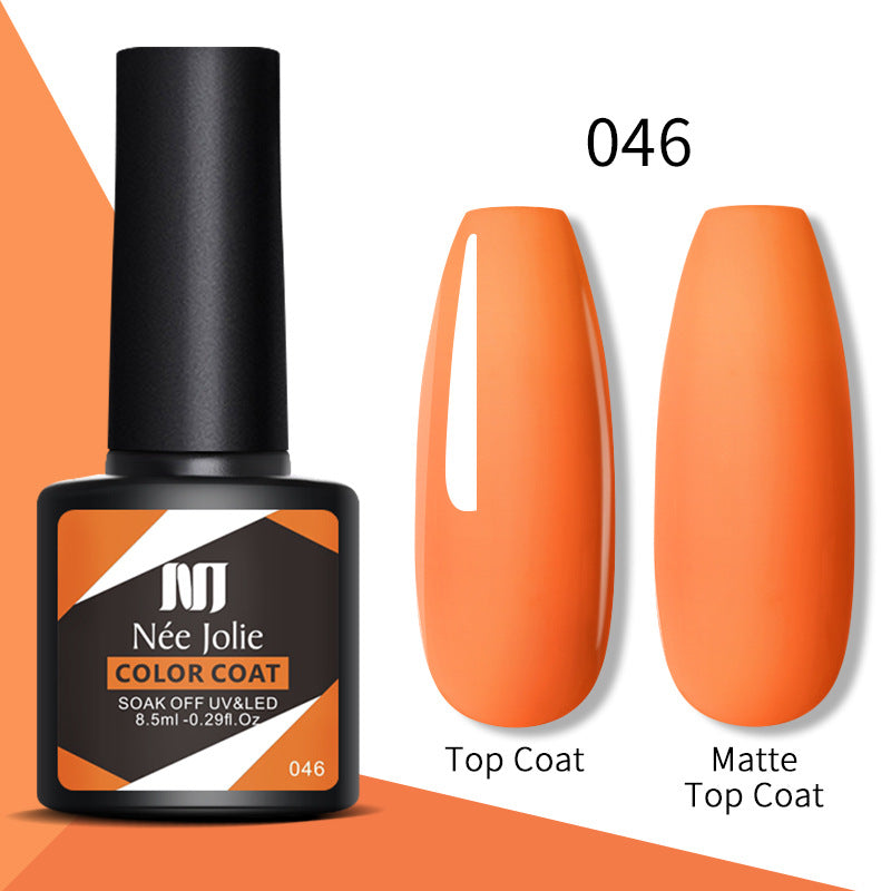 Gel nail polish color coat 046, orange; top coat and matte top coat shown