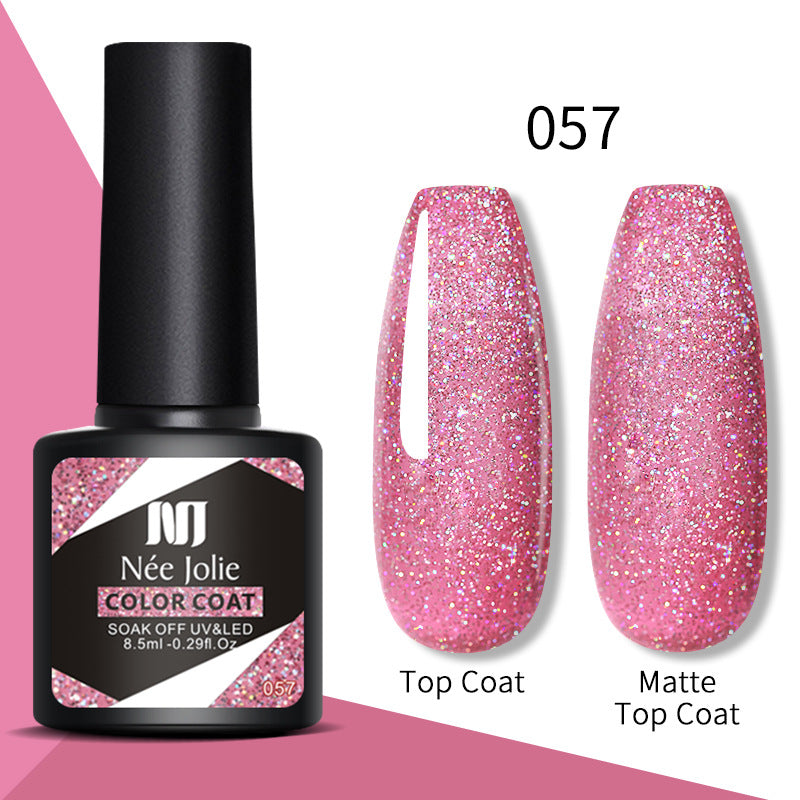 Nail gel color coat 057 in light pink glitter; top coat and matte top coat shown