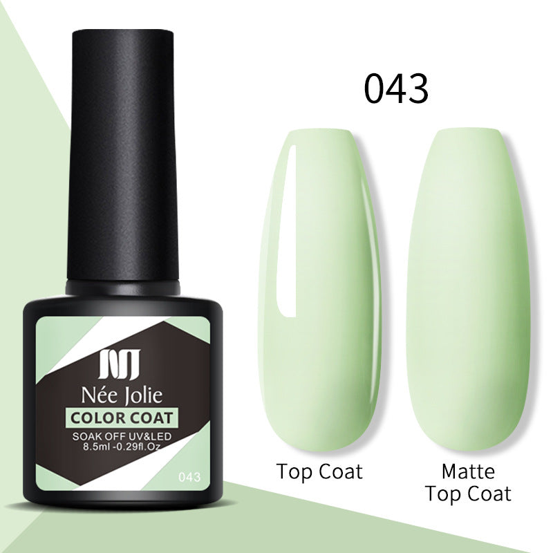 Nail gel color coat 043 in light mint green with glossy top coat and matte top coat swatches