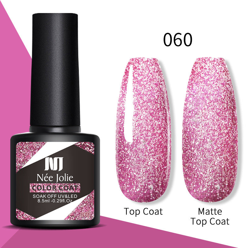 Nail gel color coat 060 in hot pink glitter; top coat and matte top coat shown