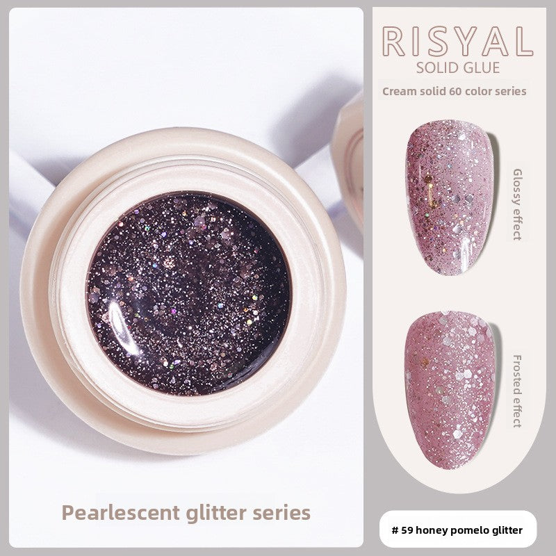 Honey pomelo glitter solid gel polish in a round jar, pink with glittery sparkle and flecks