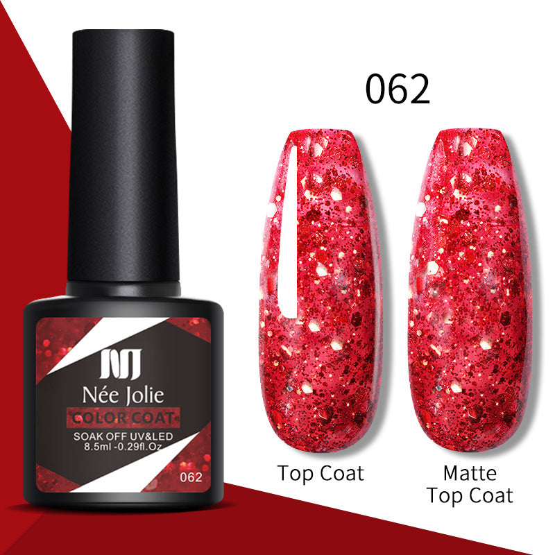 Nail gel color coat 062 in red glitter; top coat and matte top coat shown