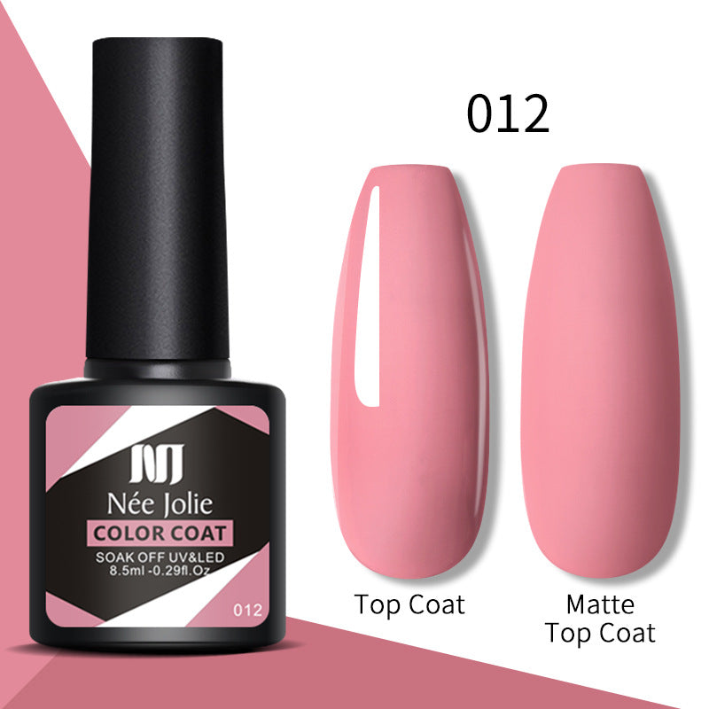 Nail gel color coat set 012: pink top coat and matte top coat nail swatches.
