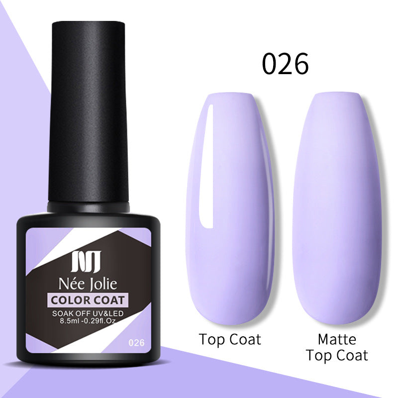 Gel nail color coat 026 with top coat and matte top coat, lavender swatches and bottle