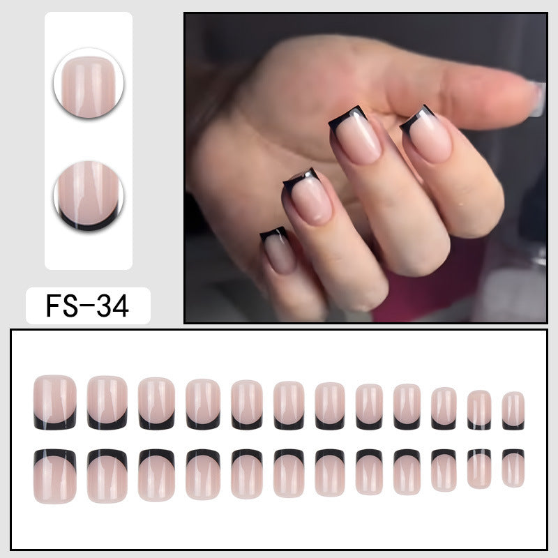 Reusable press-on nails, pale nude with glossy black curved tips (FS-34)