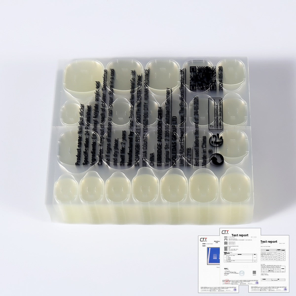 Nail jelly glue kit with pale yellow press-on nails in clear plastic organizer