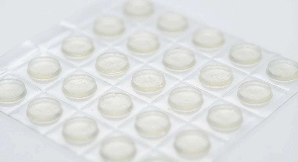Nail jelly glue kit with tools, close-up sheet of white round nail tips