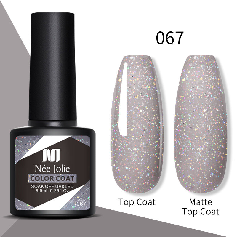 Gel color 067—light gray glitter top coat and matte top coat nails