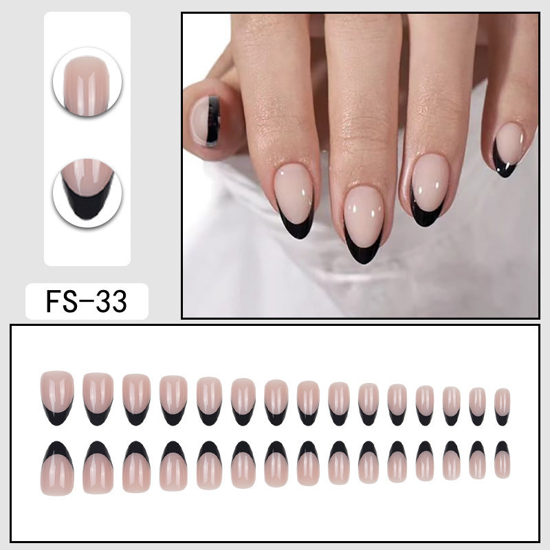Reusable press-on nails, sheer nude with glossy black half-moon tips (FS-33)