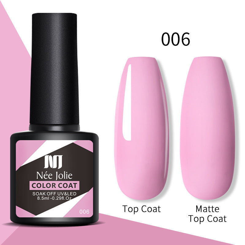 Nail gel color coat set 006: glossy top coat and matte top coat swatches shown.