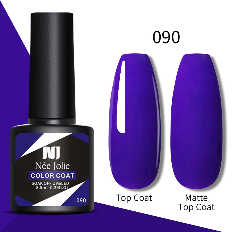Gel nail polish set 090: bottle alongside glossy top coat and matte top coat swatches