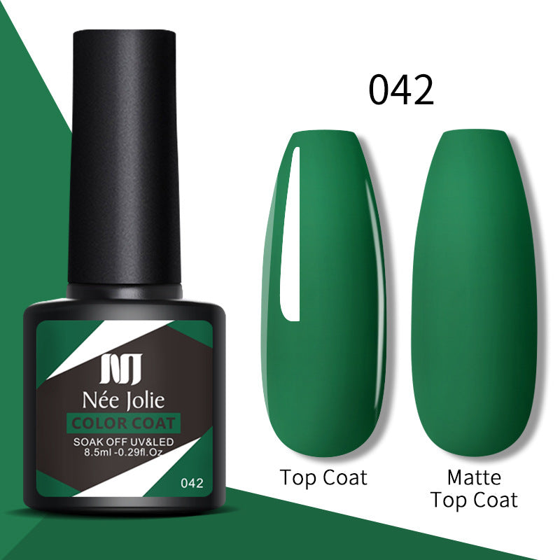Nail gel color coat 042 in green with glossy top coat and matte top coat swatches