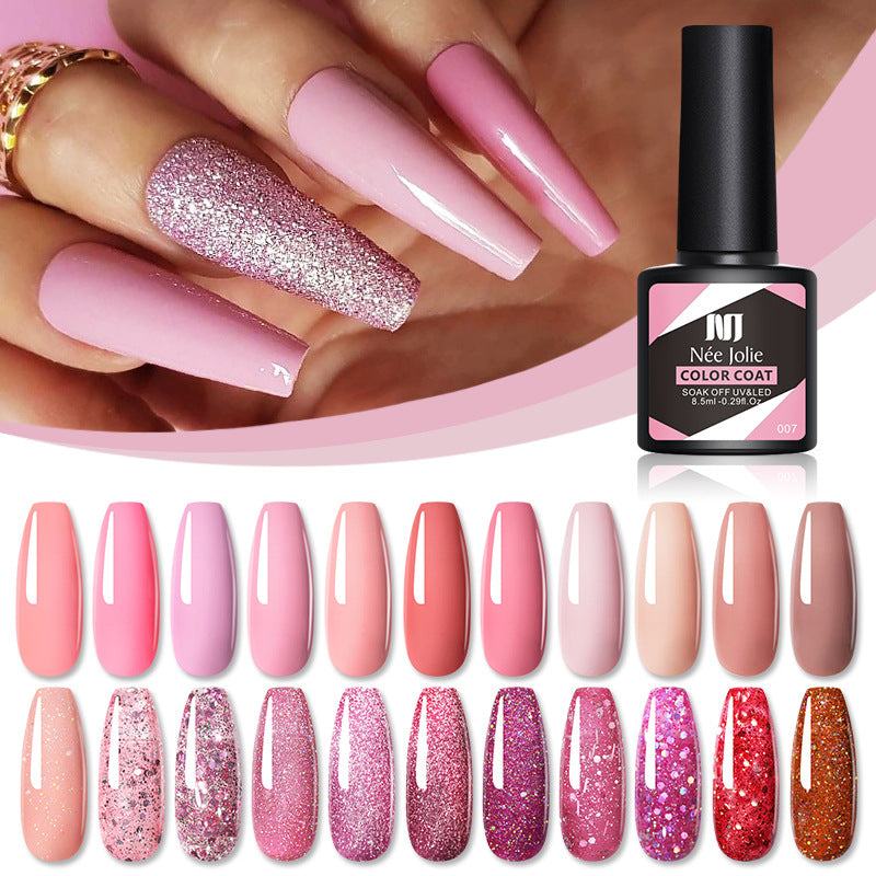Pink gel nail polish bottle with glossy swatches and a glitter pink nail color