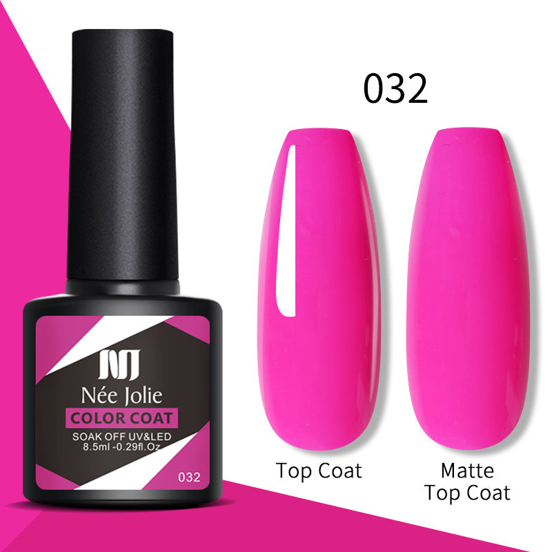 Gel nail color coat 032 with top coat and matte top coat, hot pink swatches and bottle