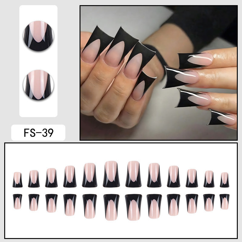 Reusable press-on nails, nude base with glossy black half-moon tips (FS-39)