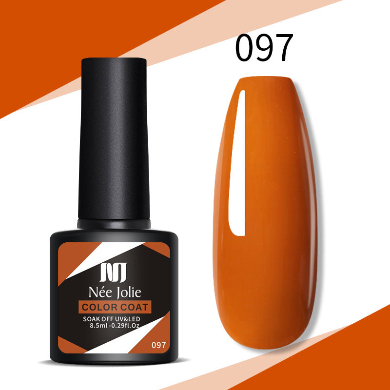 Gel nail polish color 097 (deep orange) with gloss top coat and matte top coat swatches
