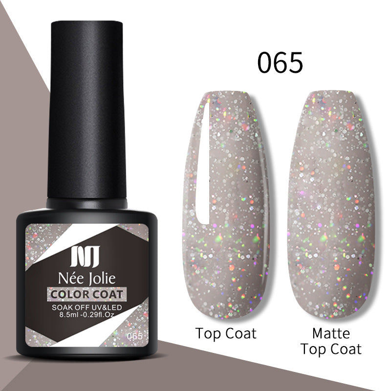 Nail gel color coat 065 in pale nude with iridescent glitter; top coat and matte