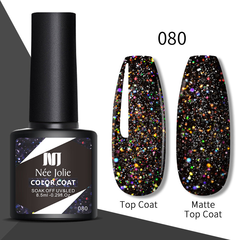 Nail gel color coat 080: dark multicolor glitter, glossy top coat and matte top coat swatches