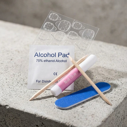 Nail art care kit with alcohol pad, nail glue, applicator, blue nail tips, clear guide