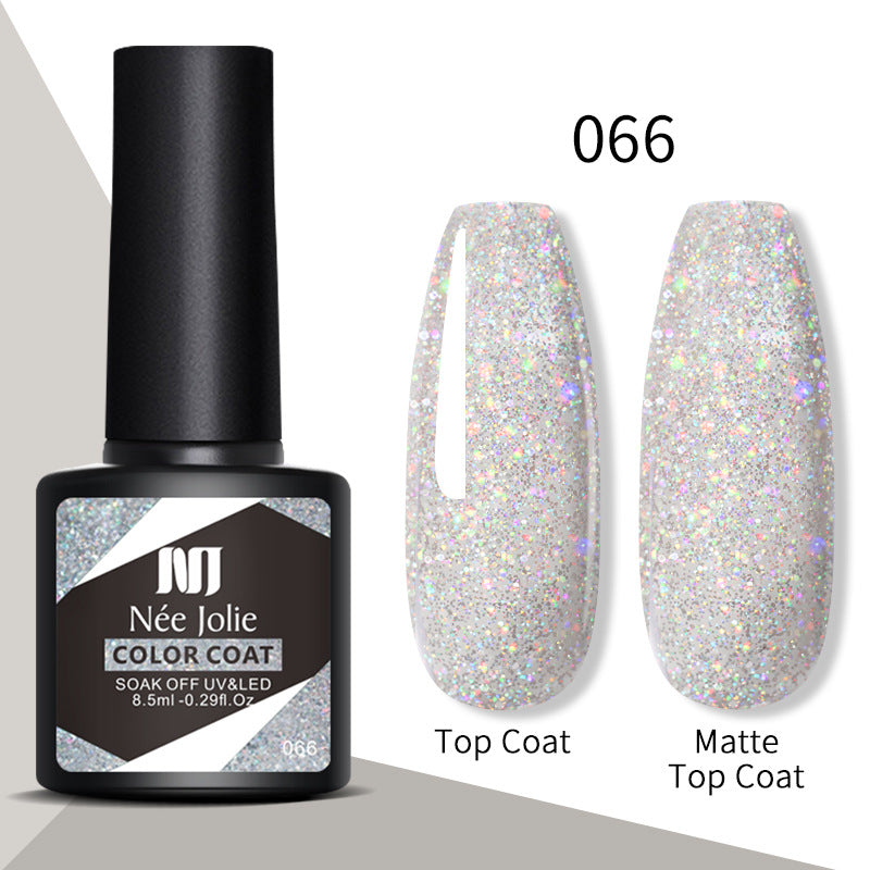 Gel color 066—silver glitter top coat and matte top coat nails