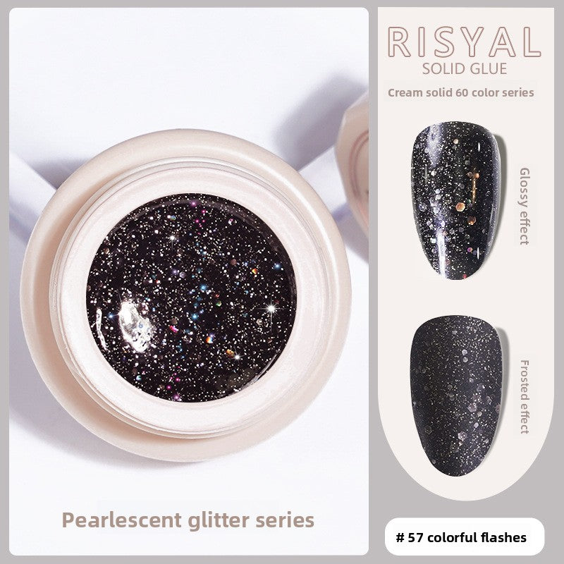 Colorful flash glitter solid gel polish in a round jar, black base with multicolor sparkles