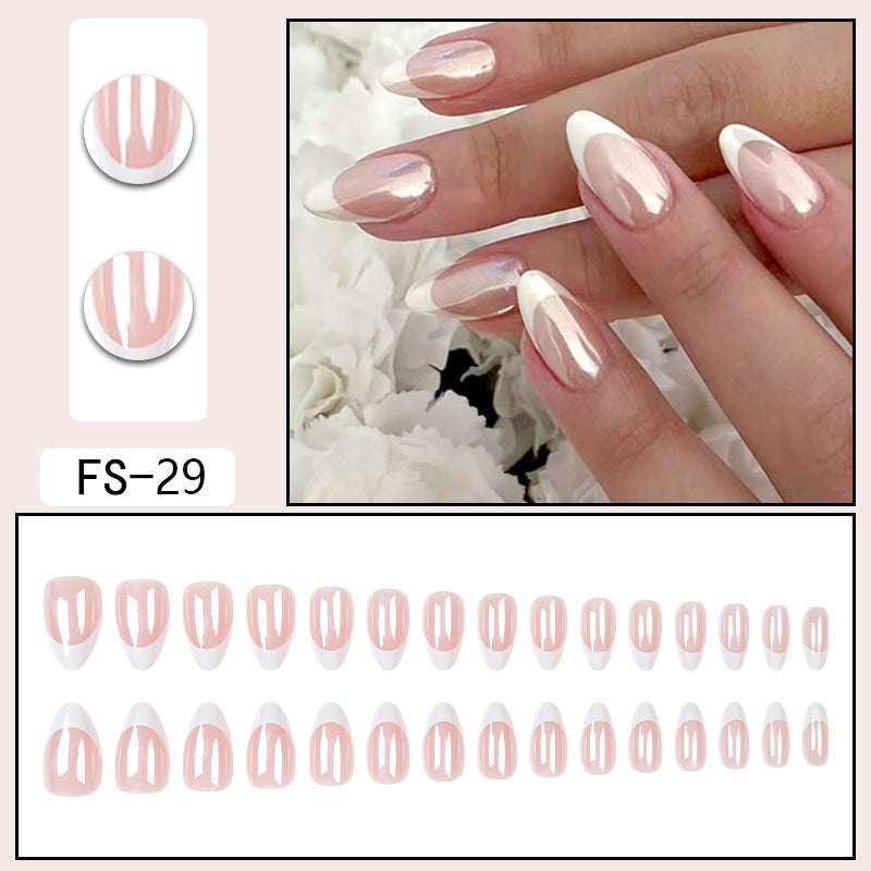 FS-29 nude press-on nails with white tips and subtle gold accent lines