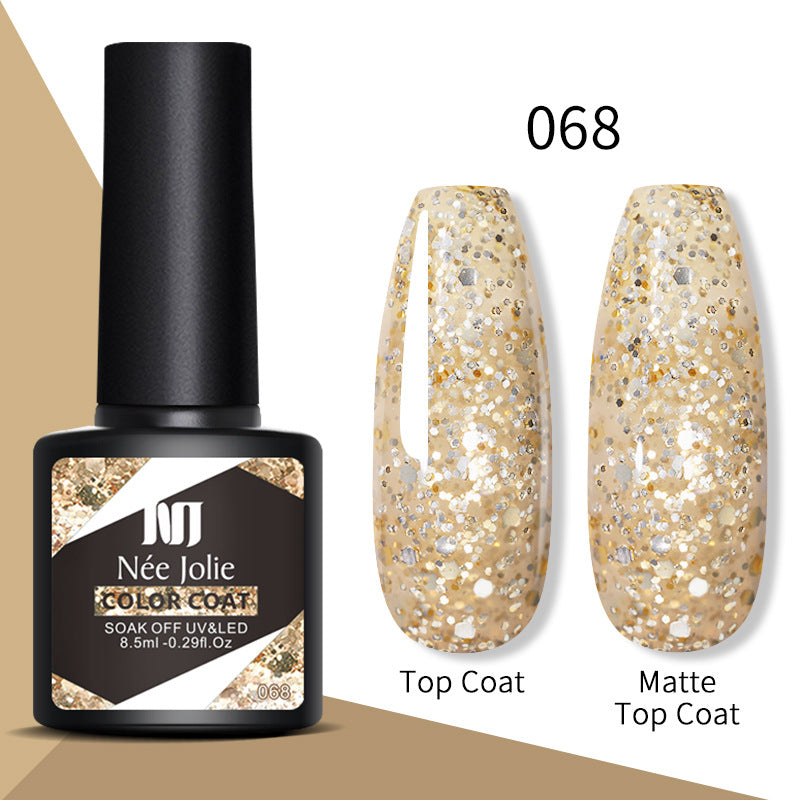 Gel color 068—gold champagne glitter top coat and matte top coat nails