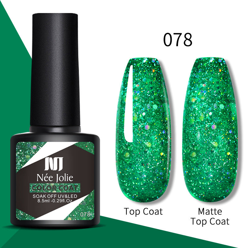 Nail gel color coat 078: bright green glitter, glossy top coat and matte top coat swatches